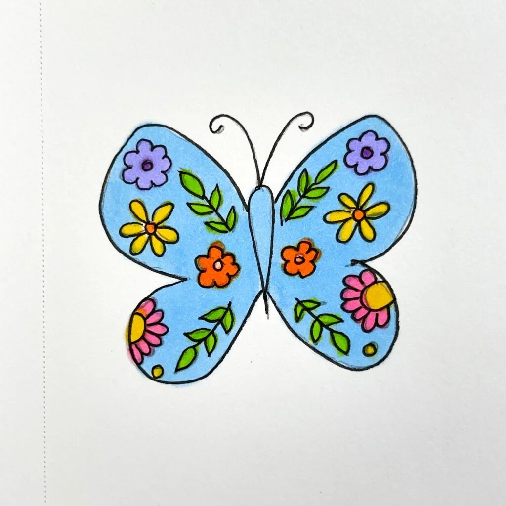 butterfly drawing with pretty flowers