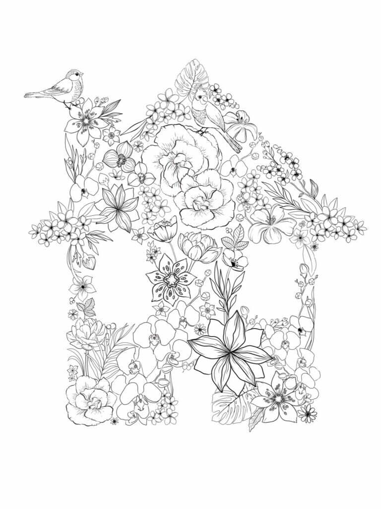 Bird Coloring Pages with Flower House for Mother's Day