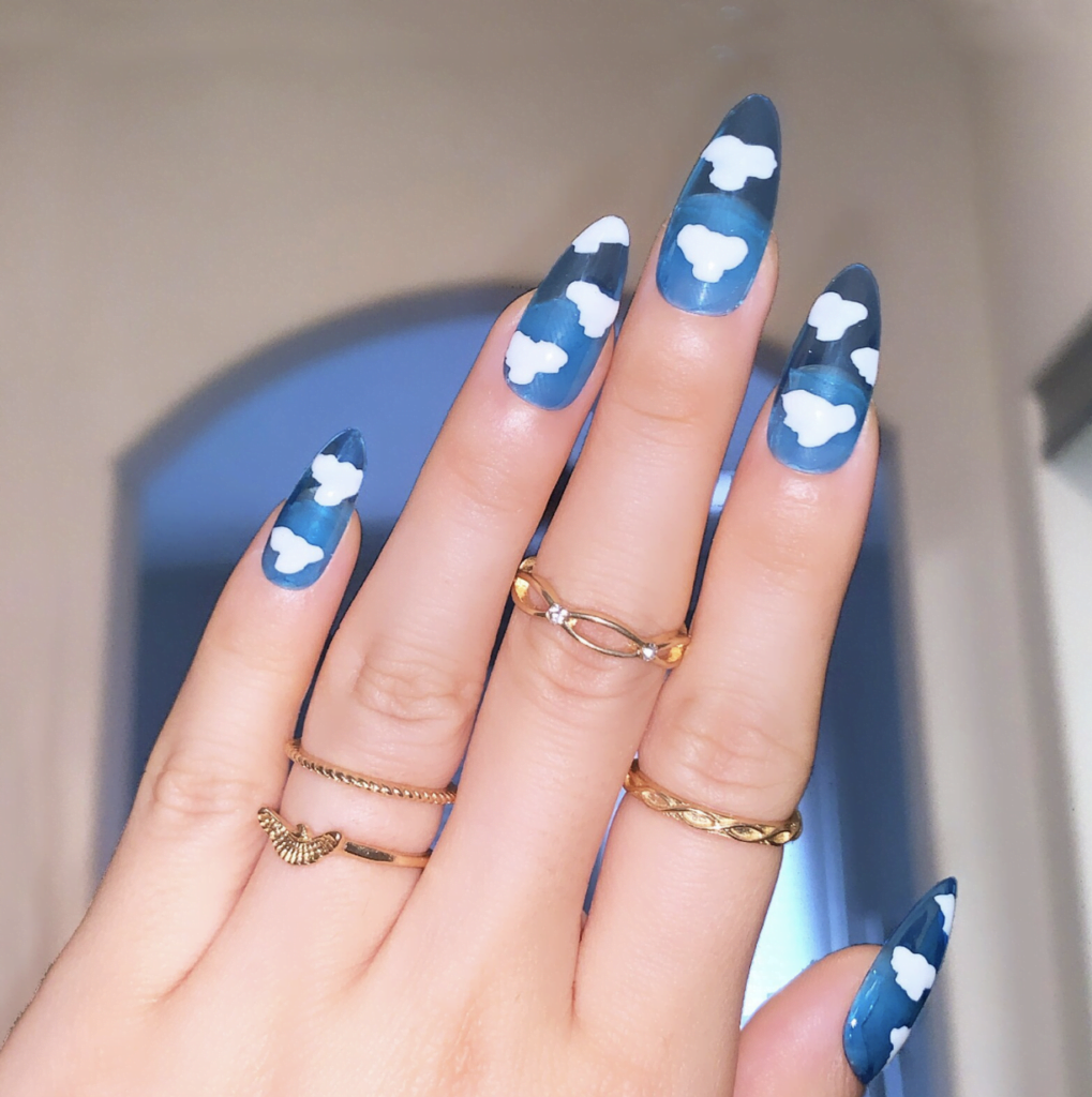 Blue Jelly Nails with Clouds