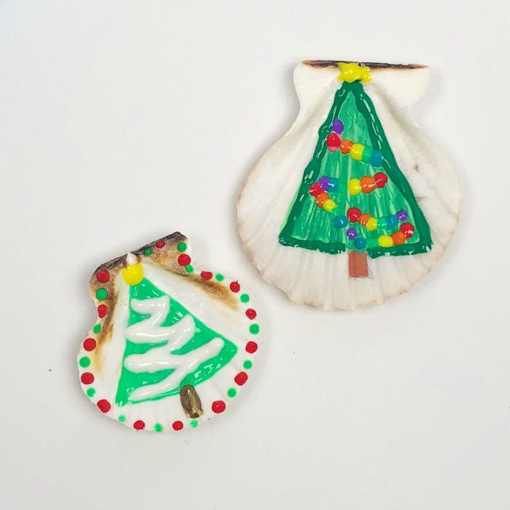 Holiday tree shells painted with fabric paint