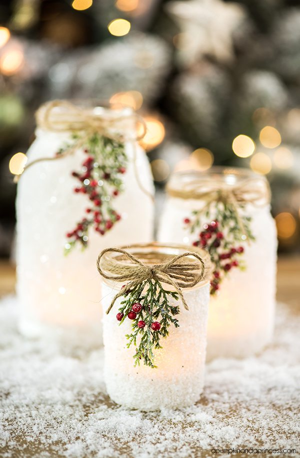 Snowy winter Christmas mason jar decorations