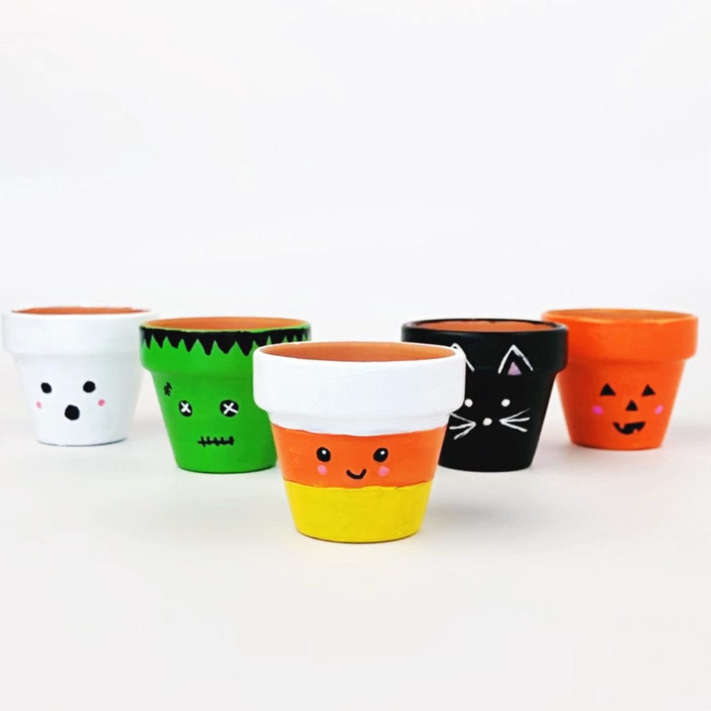 Completed example of our Halloween Flower Pot Craft - there are 5 different designs