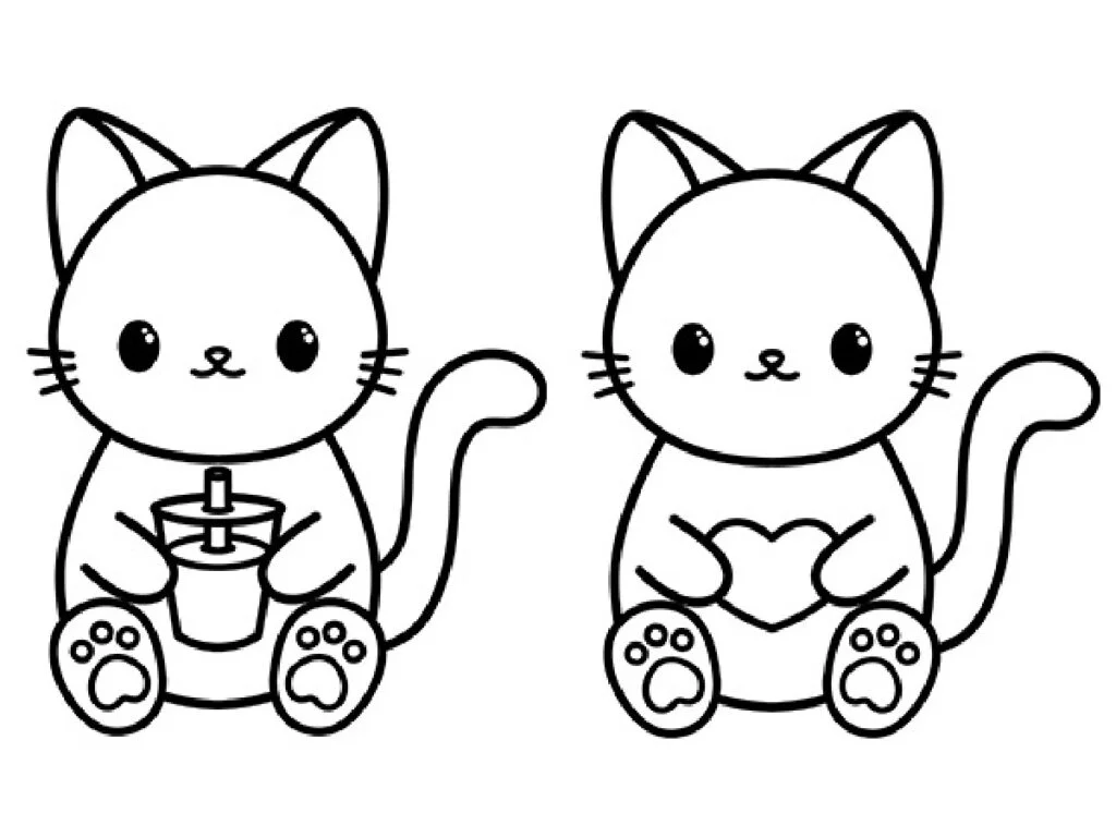 Cat drawing ideas - one has a cup, the other is holding a heart