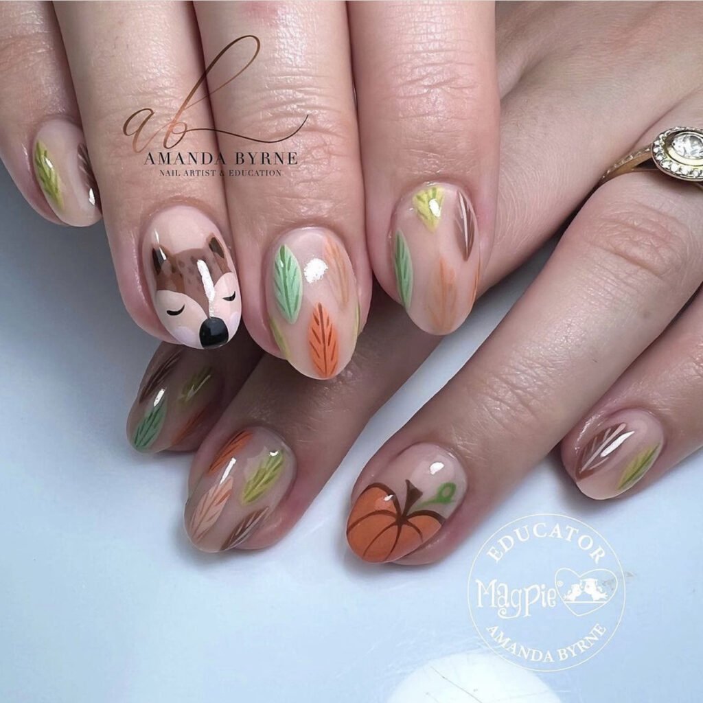 Cute Critters and Fall Leaves for Thanksgiving nail art inspo