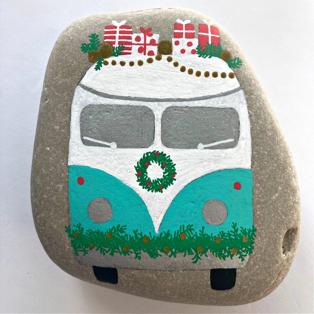 Completed painted Christmas VW bus rock before outlining