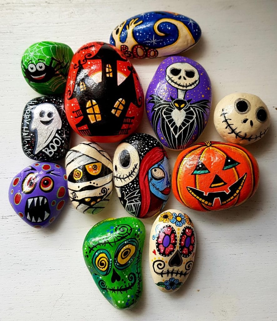 Assorted Halloween themed painted rocks