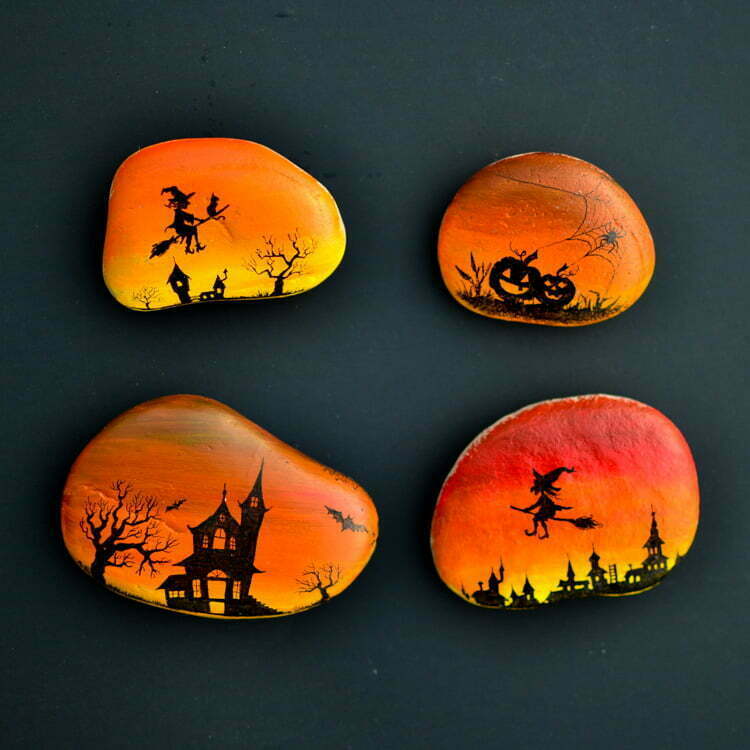 Silhouette Halloween Painted Rocks