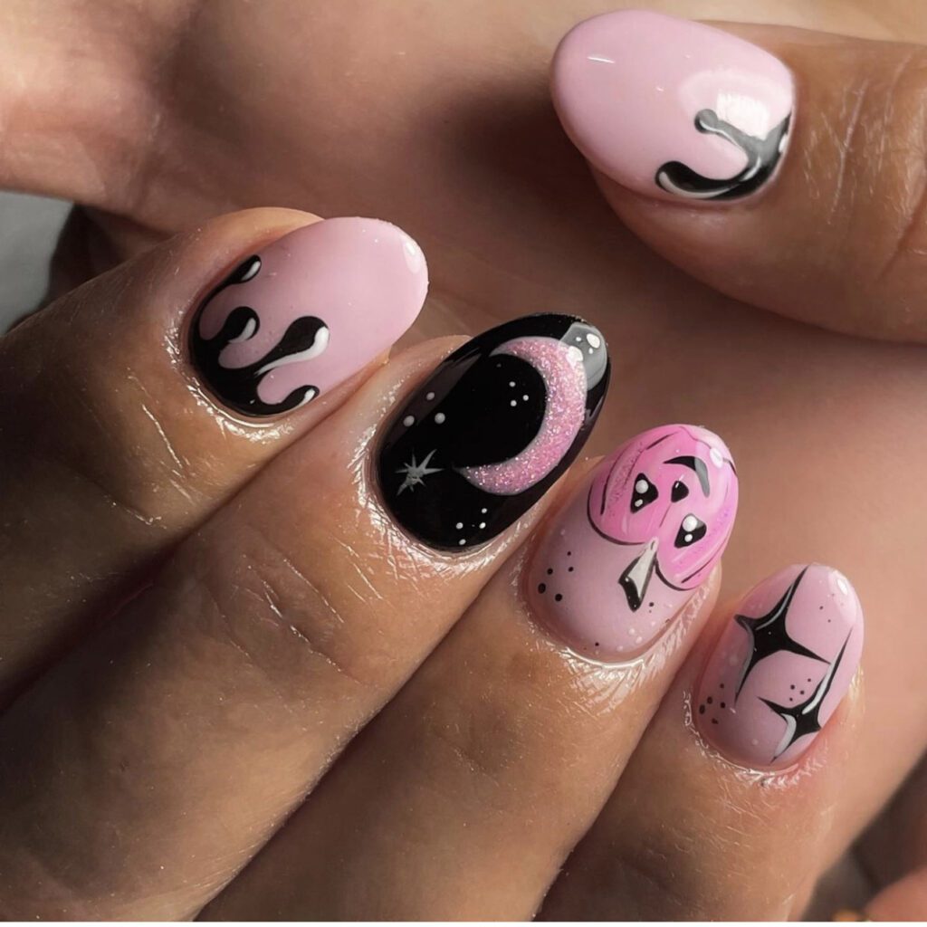 Spooky Pink and Black Nails