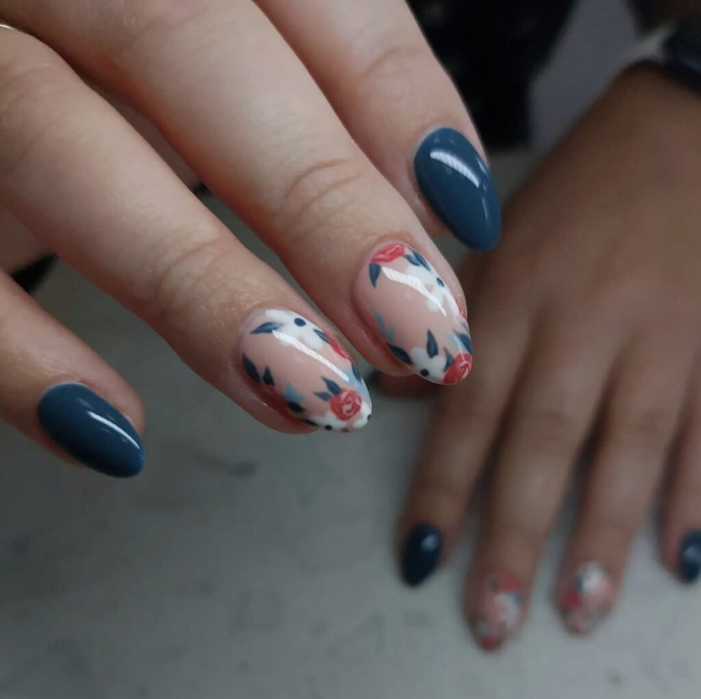 Blue Almond Shaped Fall Nails