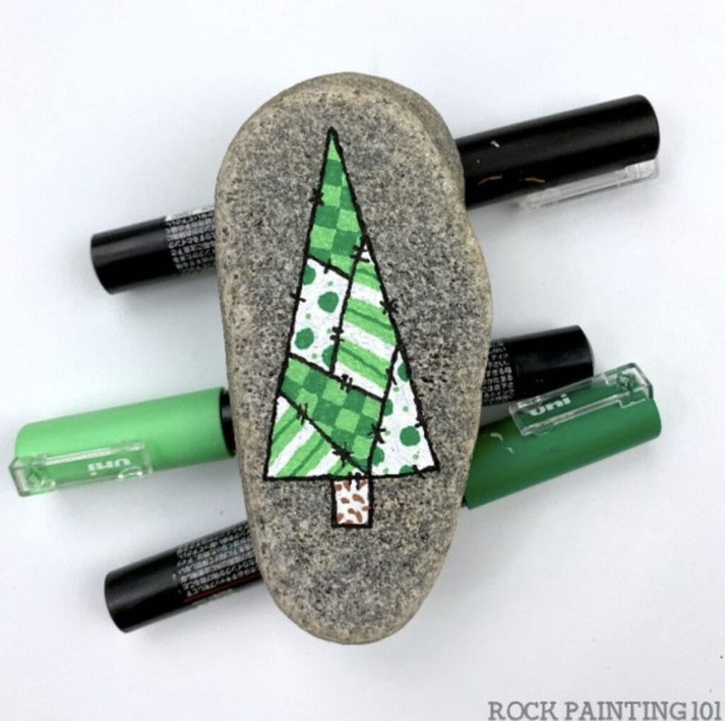 Patchwork Christmas tree rock painting idea