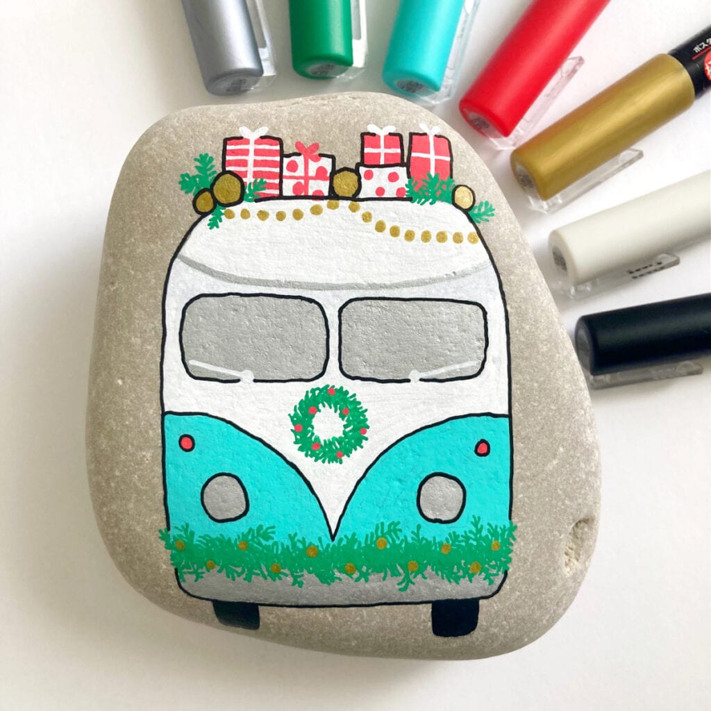 Christmas Painted Rock Volkswagen VW Bus