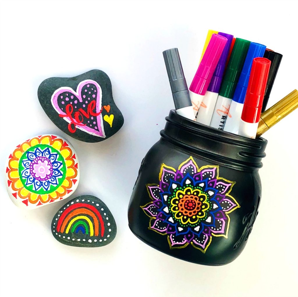 Mandala doodle jar and doodle rocks