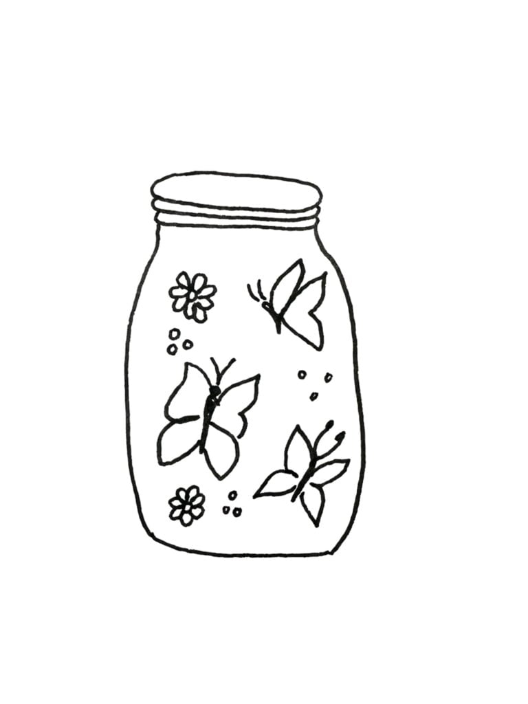 Drawing of three butterflies in a jar flying around.