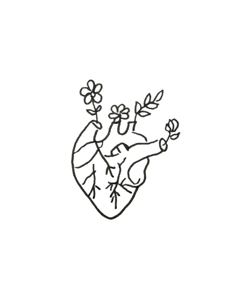 Realistic style human heart with flowers growing out of it.