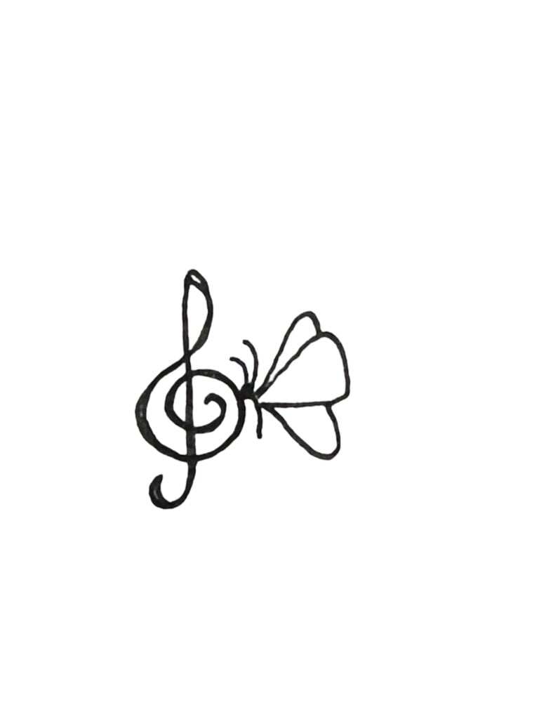 Butterfly landing on a treble clef.