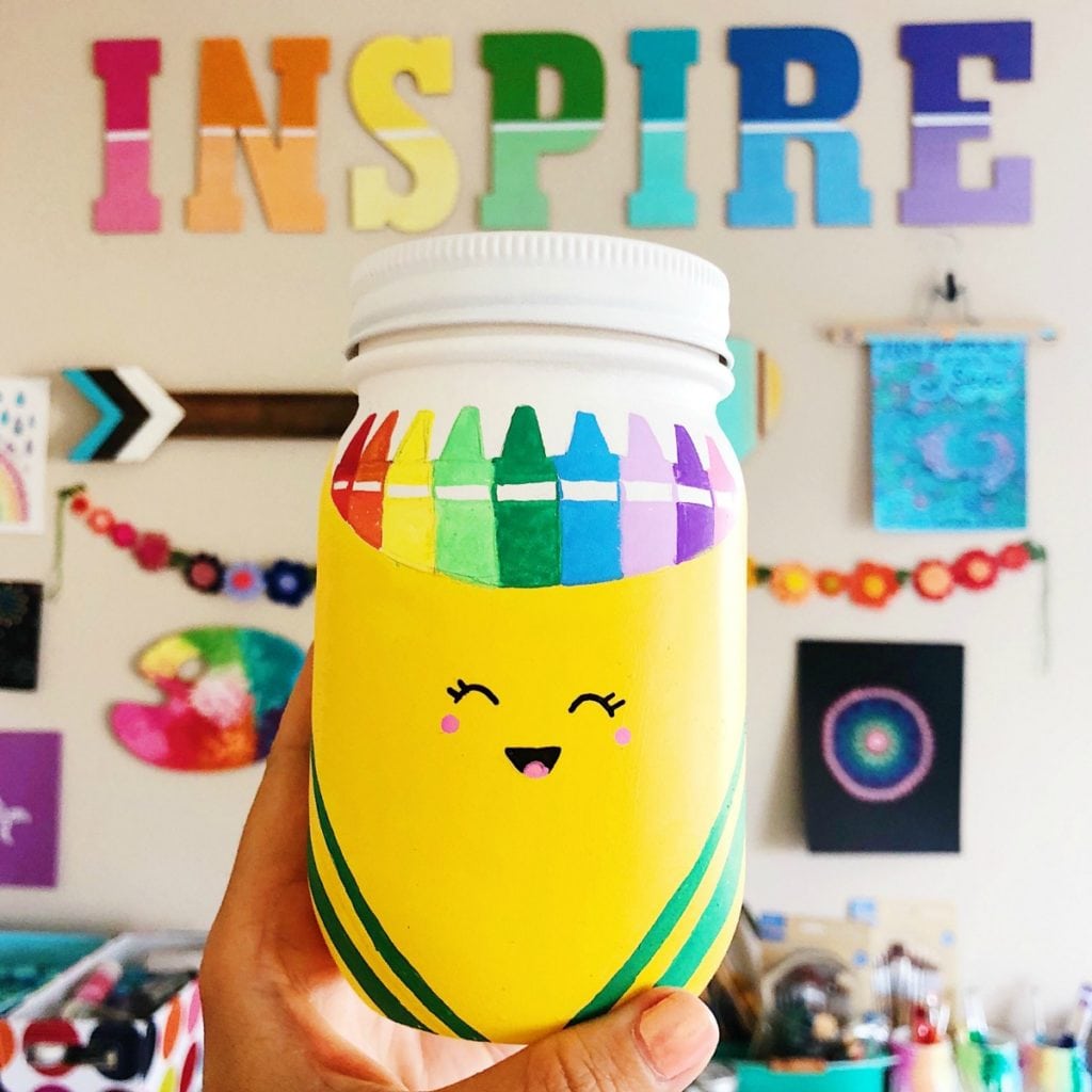 Crayon box painted on a mason jar