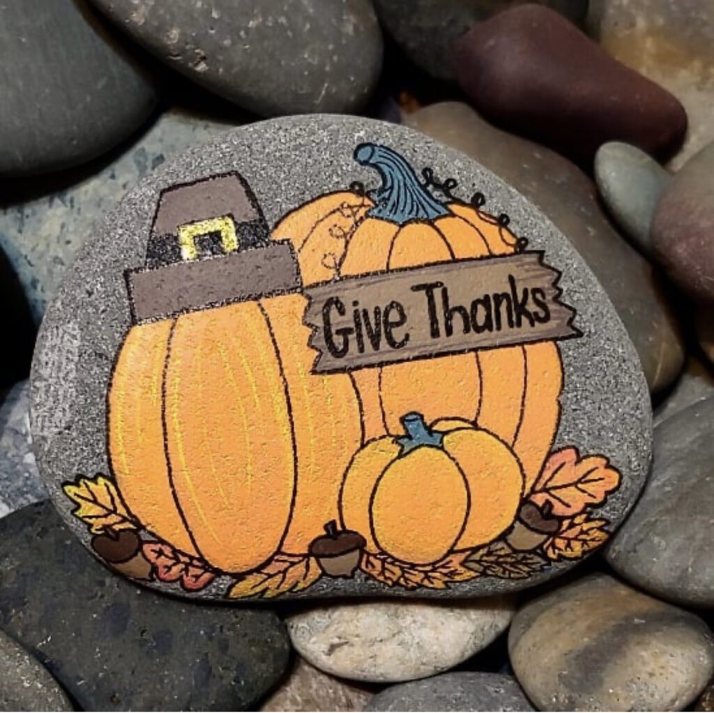 Thanksgiving Painted Rocks - give thanks on a pumpkin