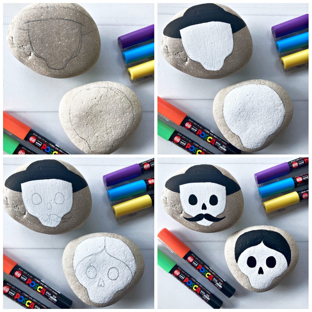 Painting the main design on the rocks - step one is to draw the outline, then fill in with solid white or black colors. Next the face is drawn on in pencil, finally the hair eyes and nose on mrs skull or hat eyes nose and moustache on mr. skull are filled in.